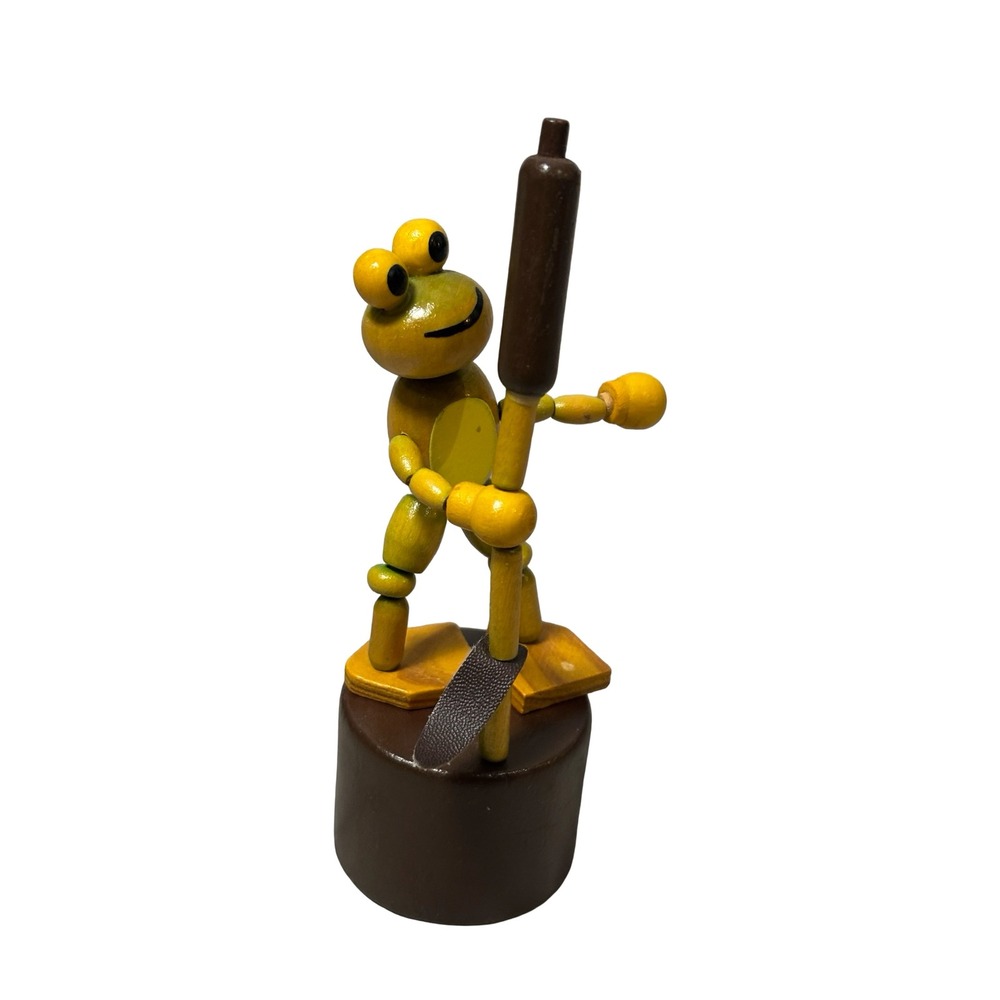 Vintage Wooden Frog Push Puppet Collapsible Dancing Toy Green Yellow 4.5"
